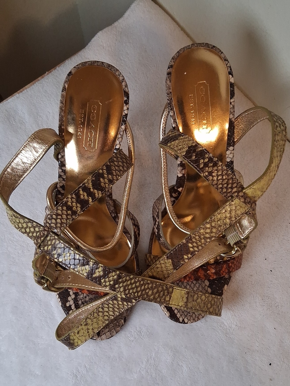 Coach Metallic Gold & Snake-Print Strappy Heels